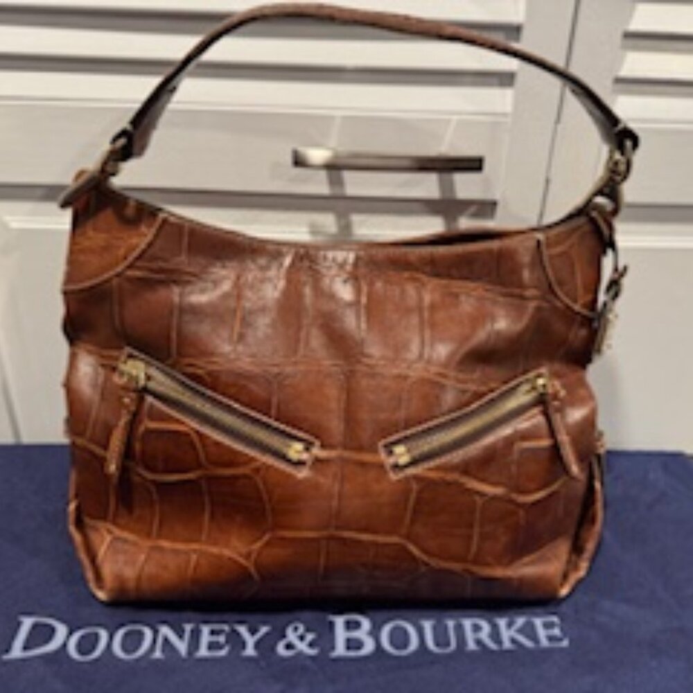 Dooney & Bourke Large Brown Leather Crocodile Hobo Bag